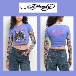NWT Ed Hardy Purple with Black Panther Sheer Tattooed Long Sleeve Crop Top